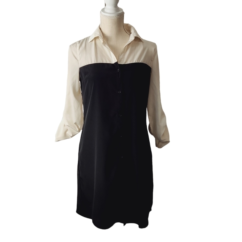 OLD Navy Black & Ivory L/S Roll-Tab Polyester Shirt Dress w/ Slip Lining Sz: XS